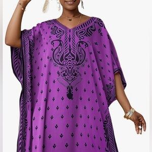 Resort Wear NWT Purple & Black Floral Maxi Caftan Dress Swim Cover Up | One Size